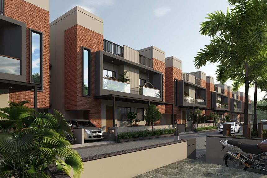 An angled view along a street of bungalows with planting on both sides