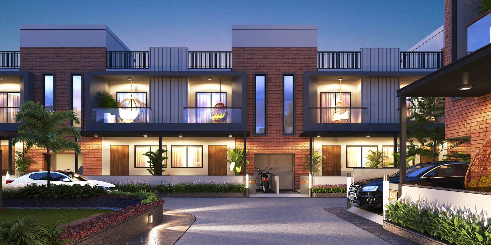 A panoramic view of a row of bungalows at dusk