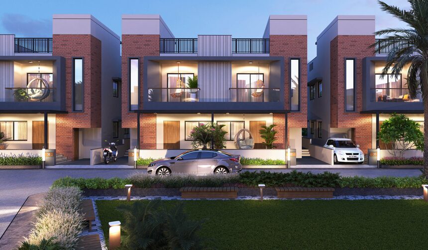 A street of bungalows at dusk with interiors lit