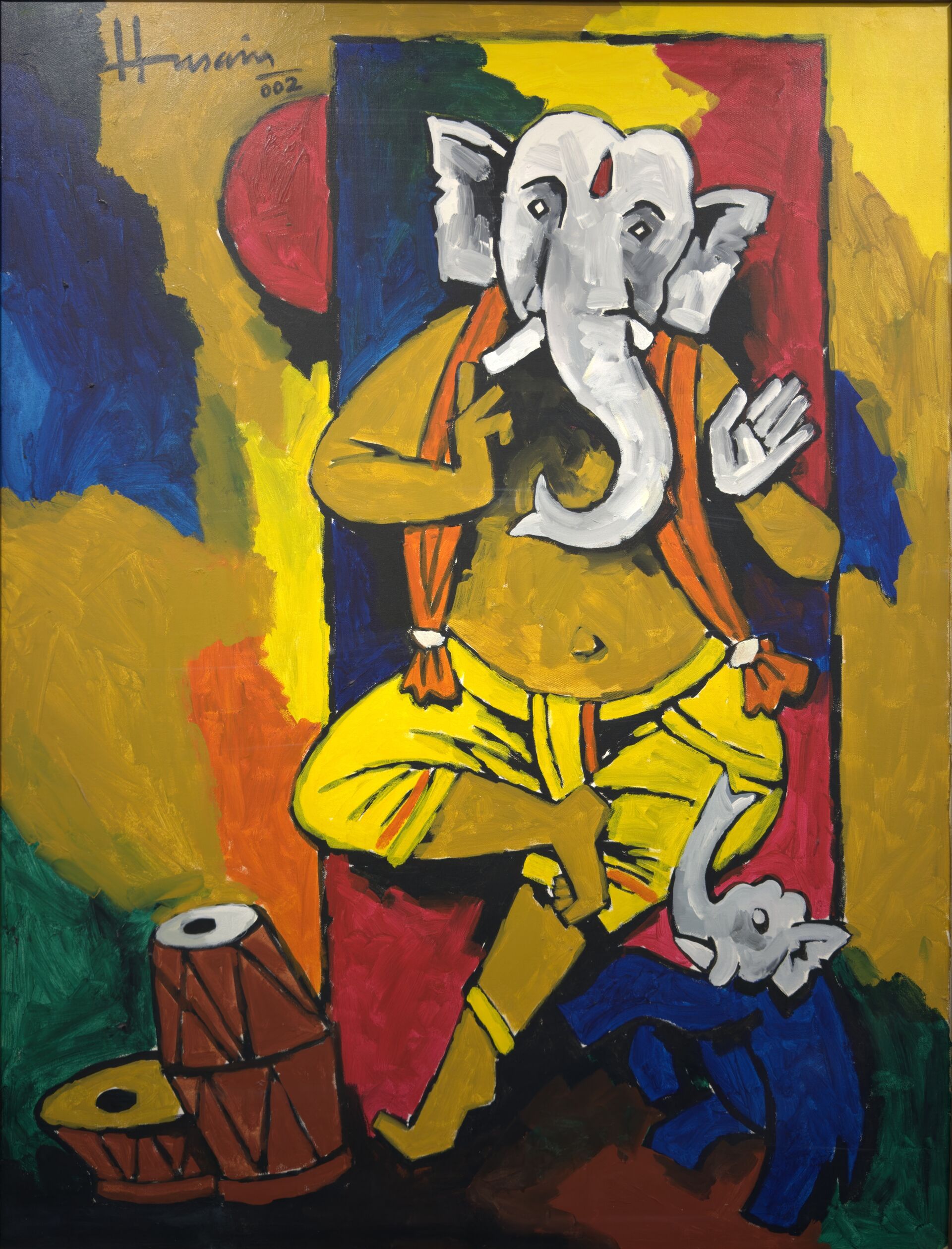 A painted canvas of a seated figure, photographed square on