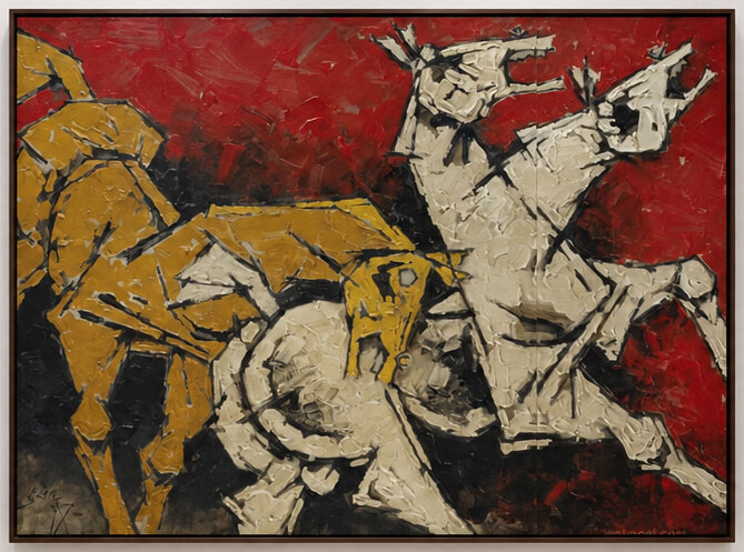 A painted canvas of horses in red, ochre and white, in its frame