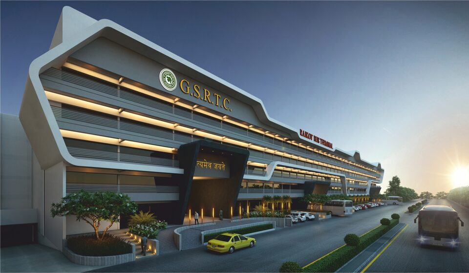Rajkot Bus Port, the terminal frontage carrying the G.S.R.T.C. mark