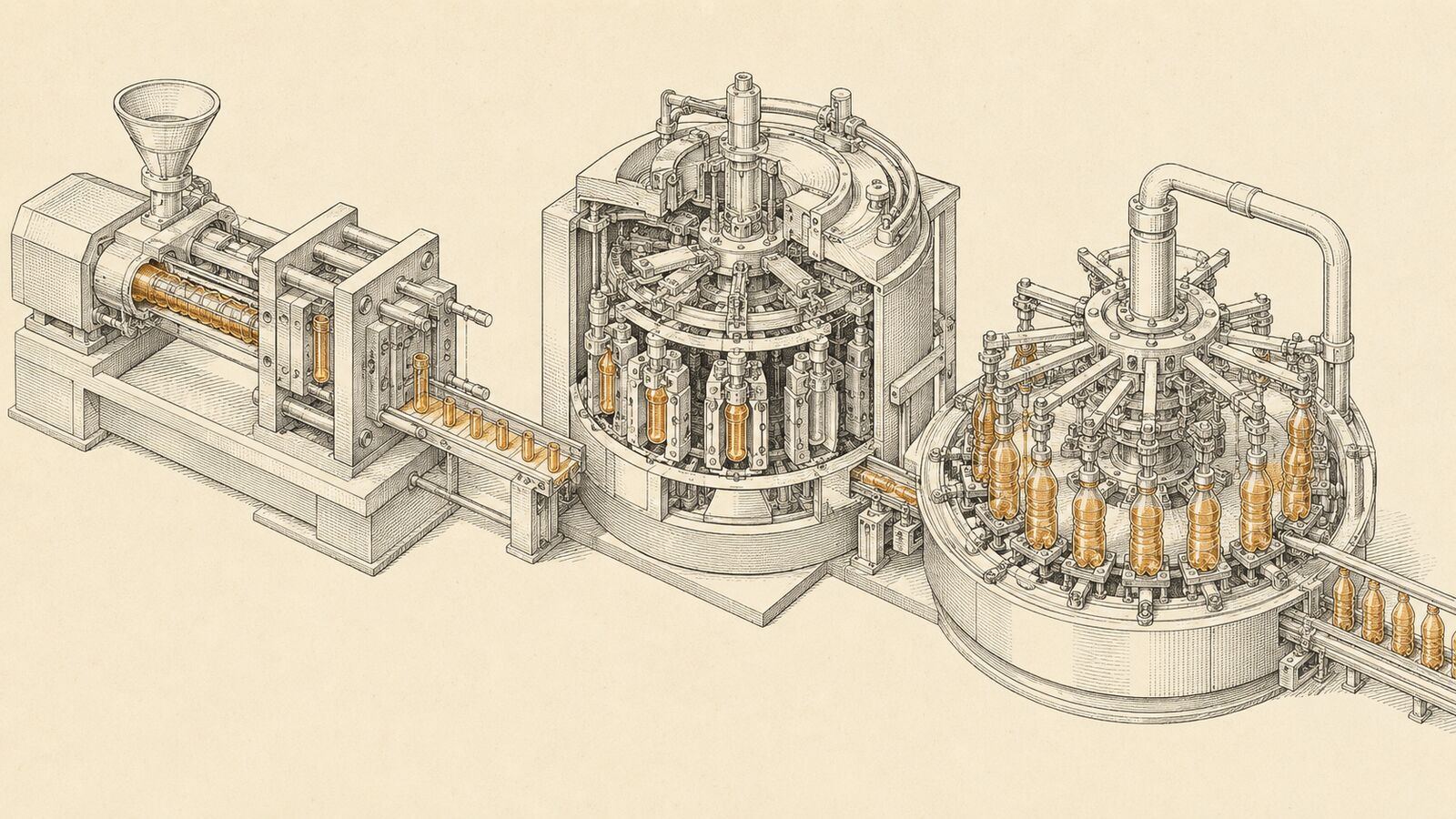 A drawing of the bottling line: preform moulding, blowing, filling and capping