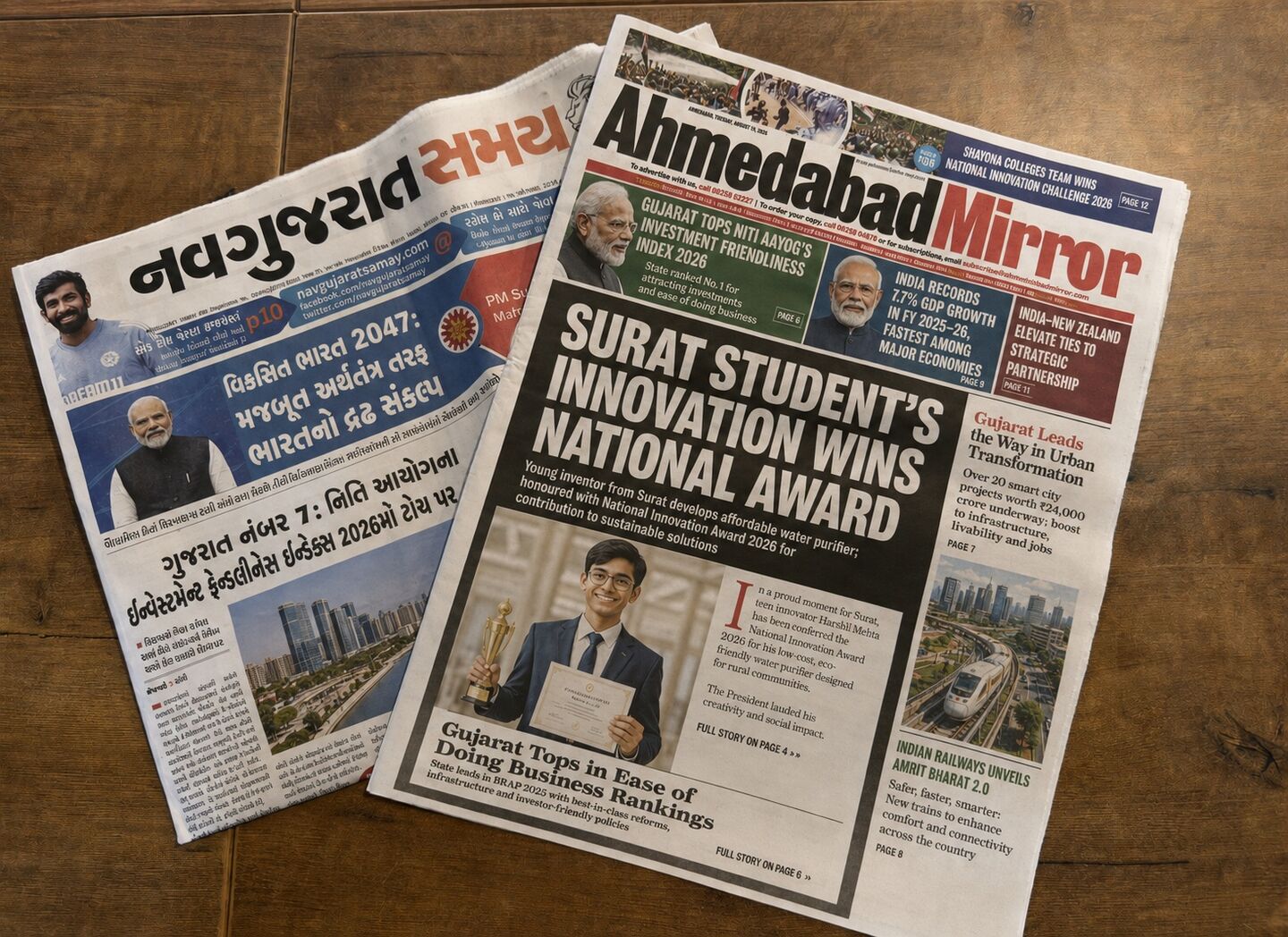 The two front pages, NavGujarat Samay and Ahmedabad Mirror, side by side